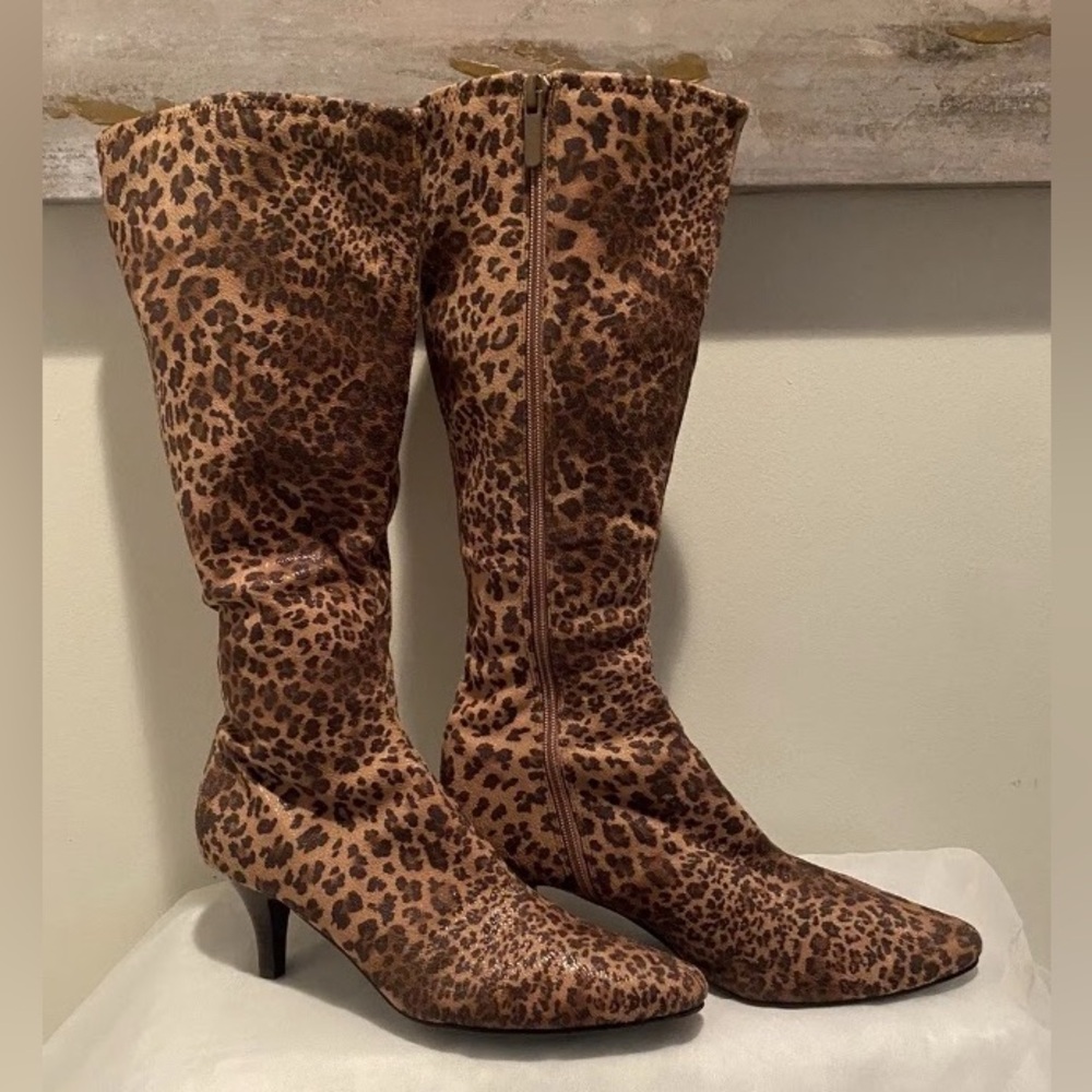 Impo Stretch Leopard Print Gold Shimmer Knee-High Zip Boots